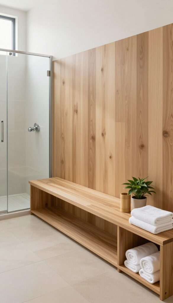 Long wooden bench with built-in end shelves in a bright modern bathroom, holding towels and toiletries