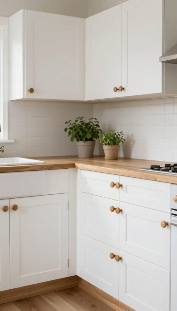 White kitchen cabinets with warm wooden knobs and a farmhouse sink, showcasing natural texture and warmth