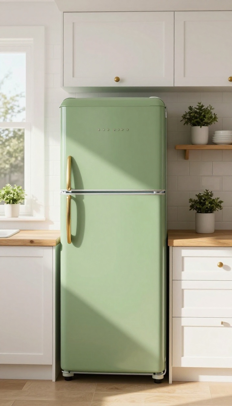 Olive green refrigerator as a retro focal point in a neutral, cozy kitchen with white cabinets, wood accents, and natural light.