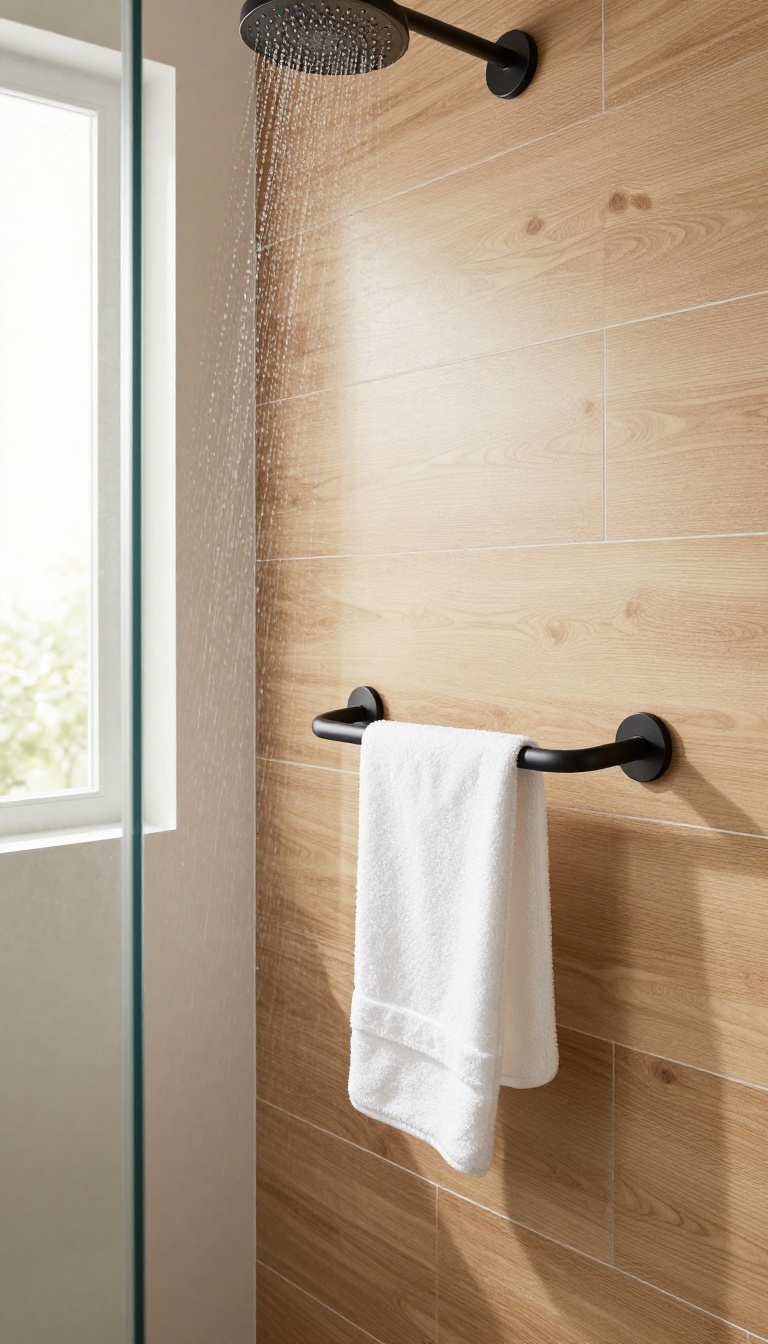 Modern walk-in shower with a matte black grab bar that doubles as a towel rack, blending safety with style.