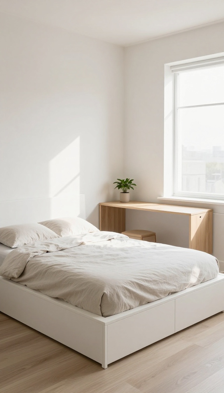 Small bedroom with multi-functional furniture including a bed with drawers, storage ottoman, and fold-down desk.