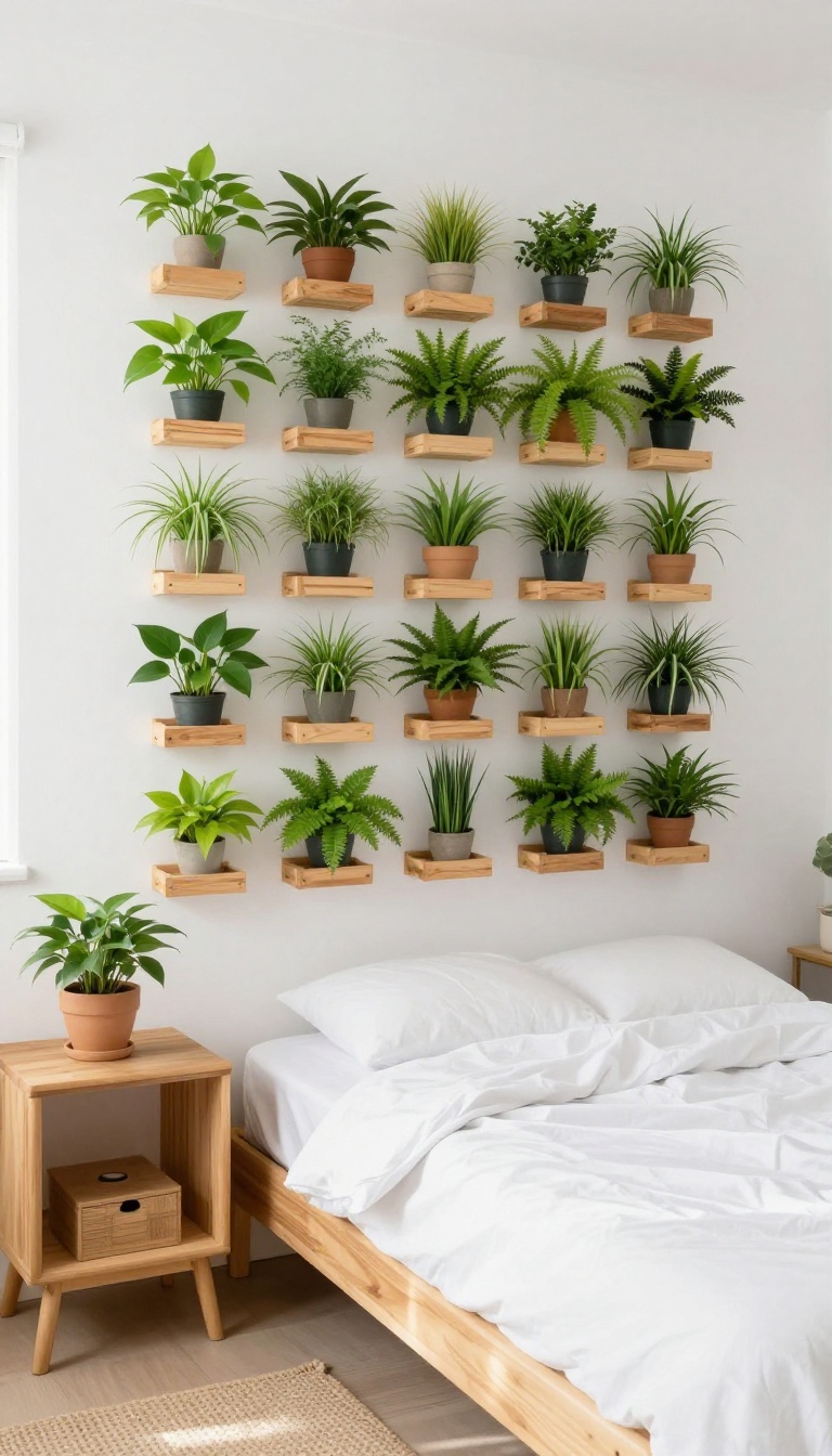 Vertical garden on a wall in a small bedroom with plants and cozy decor