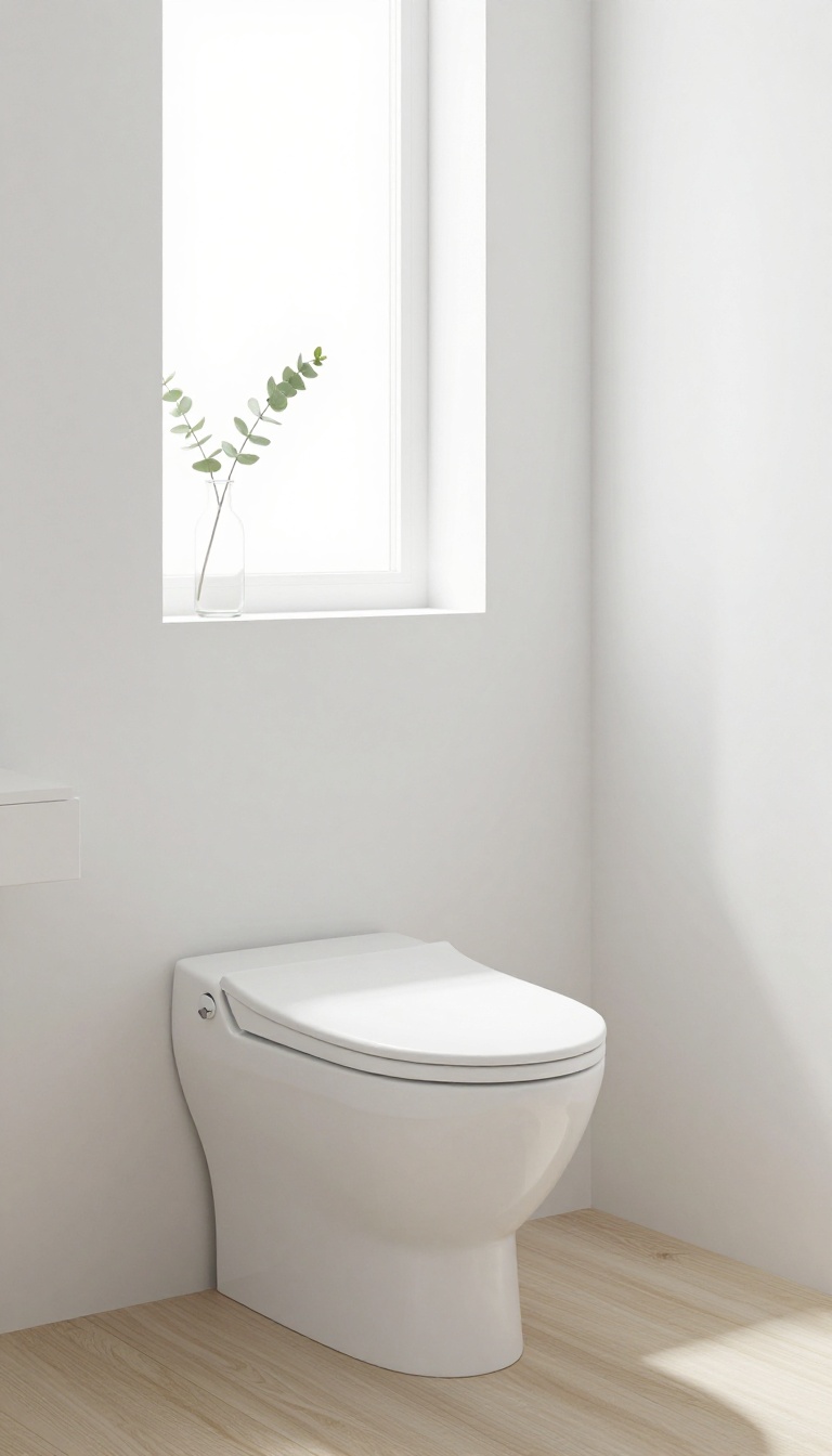 Modern guest bathroom featuring a wall-mounted toilet with a floating bowl, concealed tank, and minimalist design