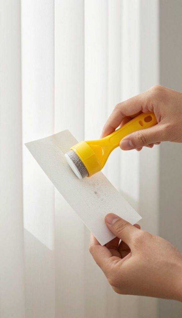 Person using a lint roller to clean white vertical blinds in a sunlit room