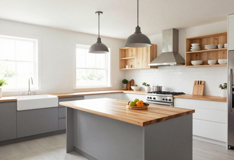Modern barndominium kitchen with island and open shelving