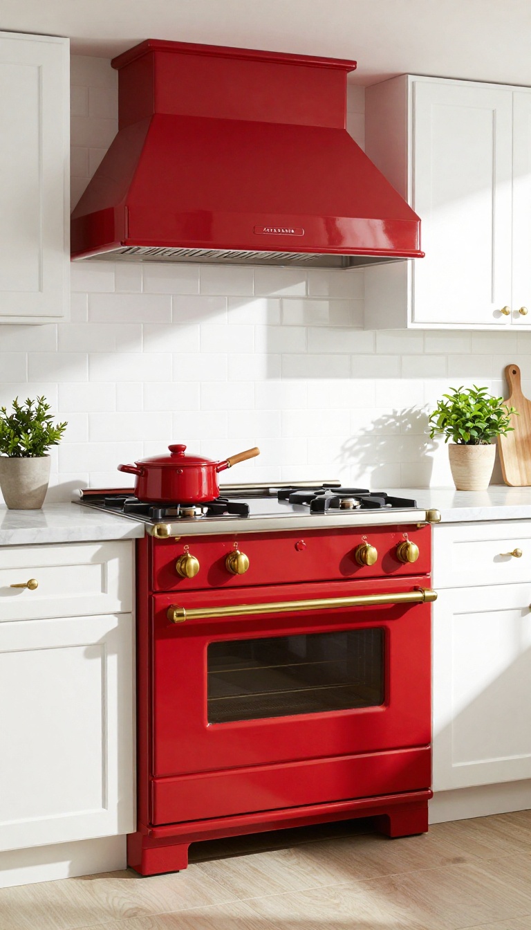 A vibrant cherry red range stove in a bright kitchen with white cabinets and marble countertops