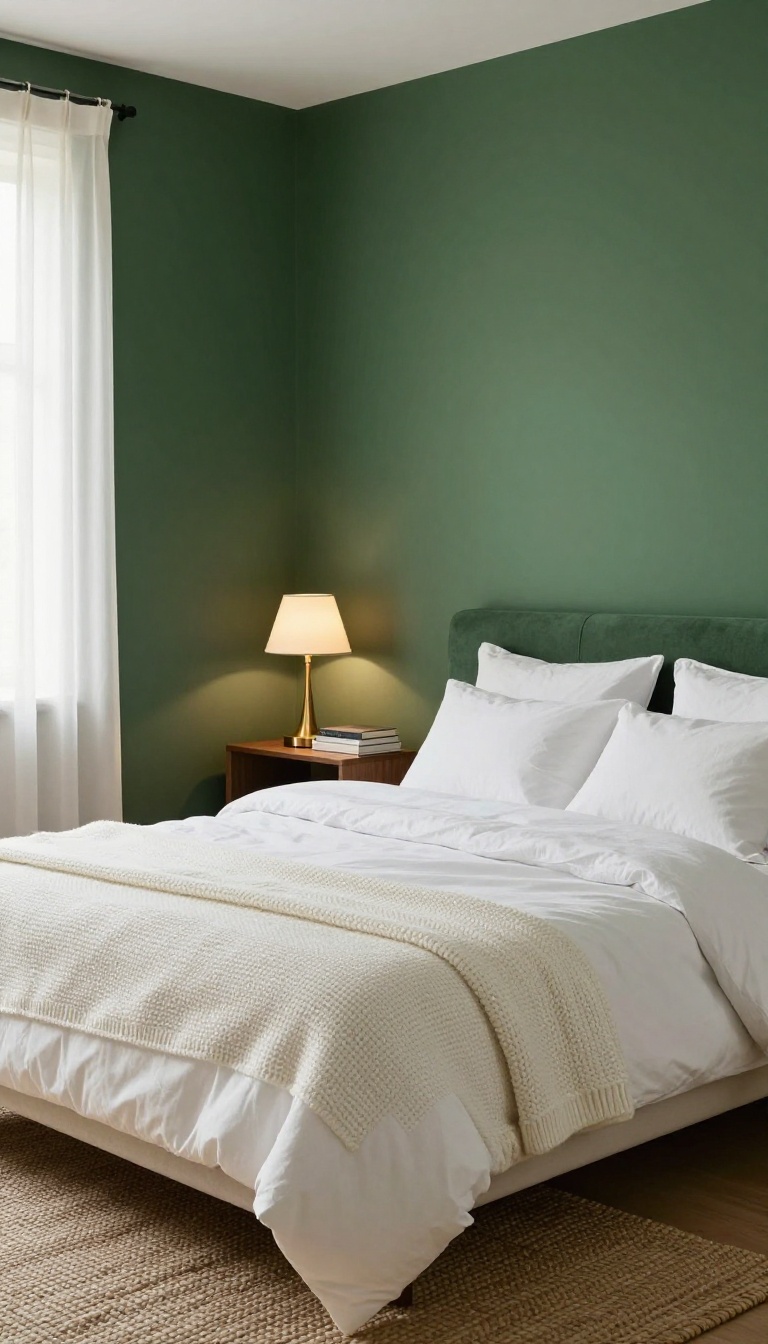 A cozy small bedroom with dark forest green walls, white bedding, warm lighting, and natural textures