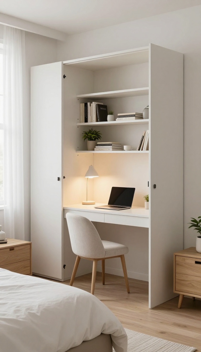 Closet office with guest bed in a bright, serene bedroom