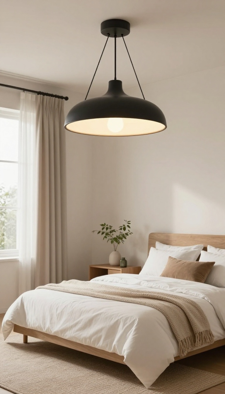 Small bedroom with a sculptural statement light fixture above the bed