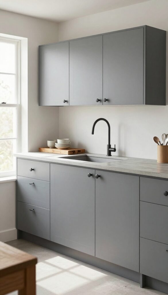 Industrial pipe pulls on flat-panel cabinets in a modern kitchen with concrete countertops and reclaimed wood accents