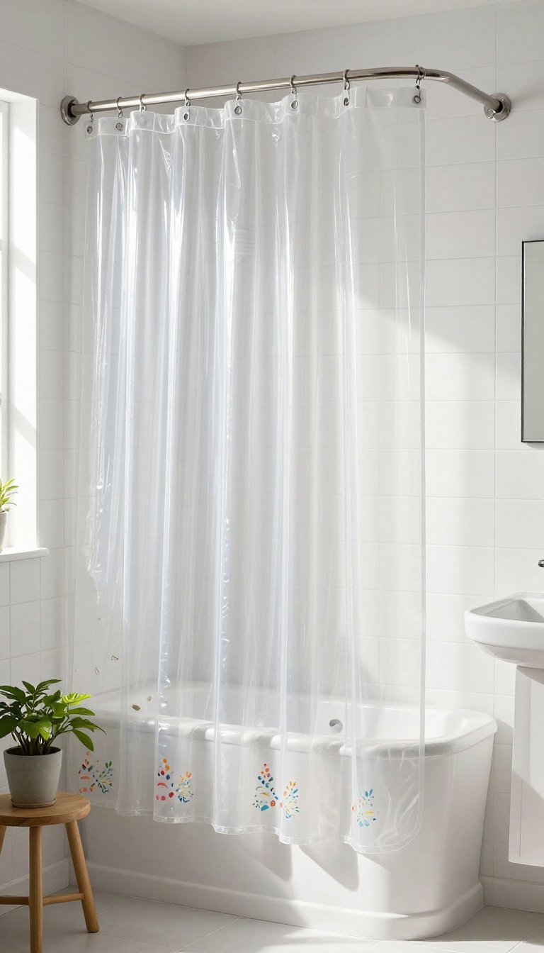 Small bathroom with clear vinyl shower curtain and colorful liner, letting natural light pass through to create an open, airy feel.