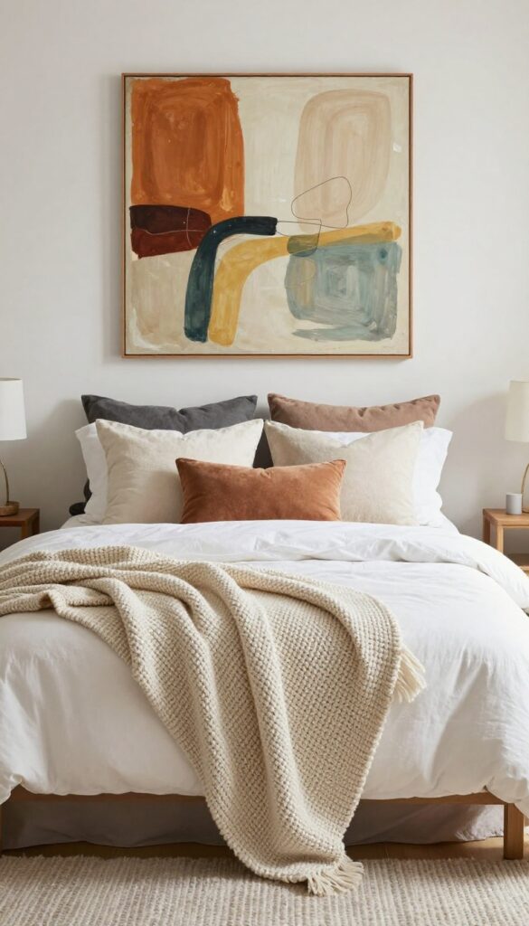 A cozy small bedroom with layered textiles and art, featuring a bed with throw pillows and a knit blanket, a large abstract painting on the wall, and a textured rug, all in bright natural light.