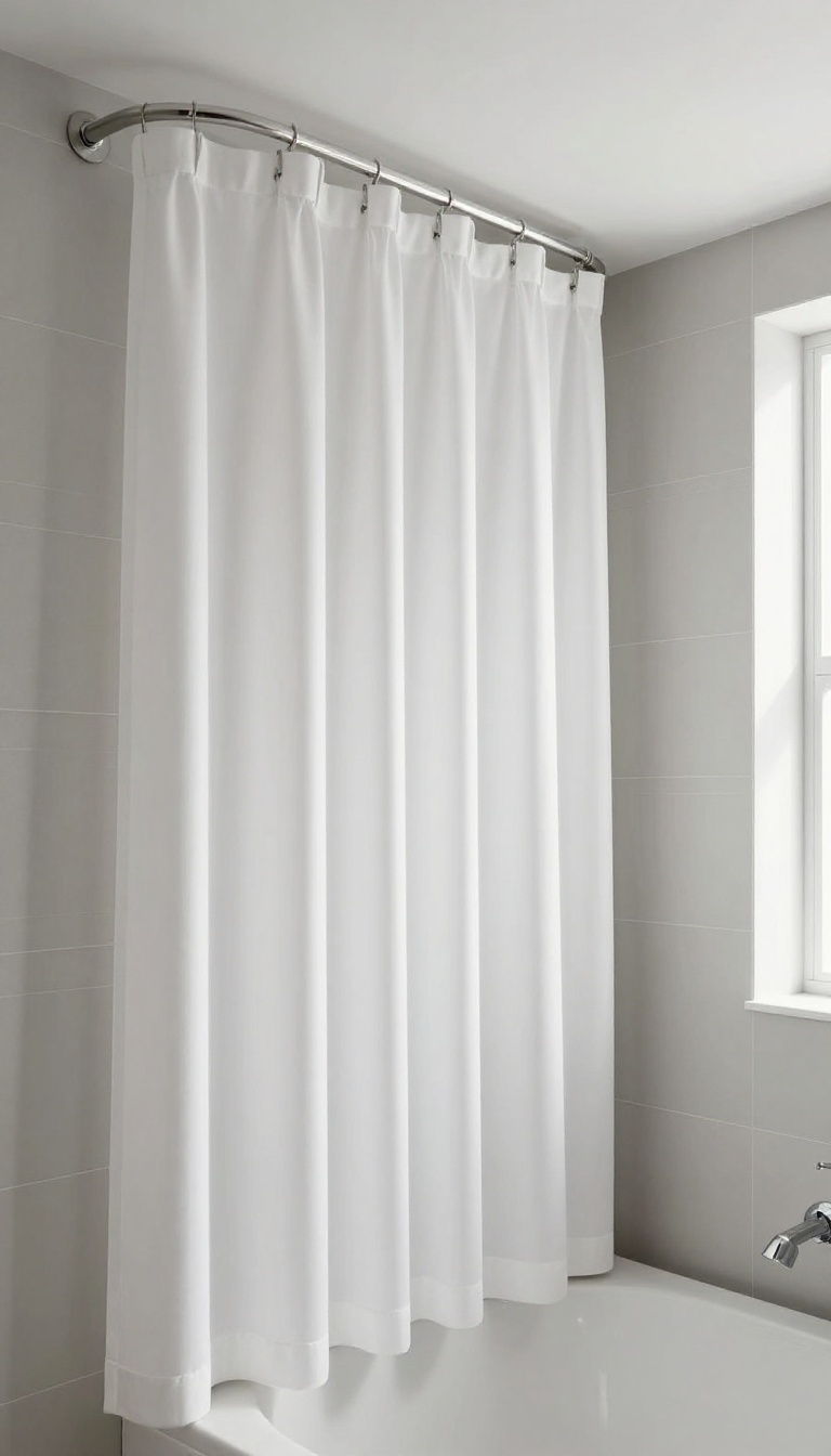 Curved ceiling shower curtain rod in a bright modern bathroom, adding extra space and visual height