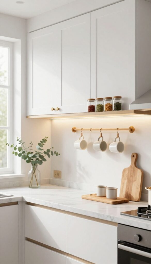 Under-cabinet lighting and storage ideas in a bright kitchen