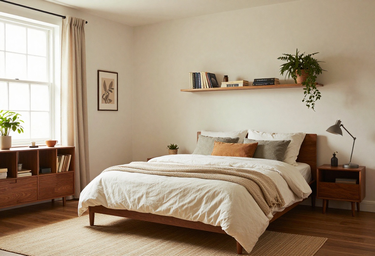 Cosy small bedroom with layered bedding and collected decor