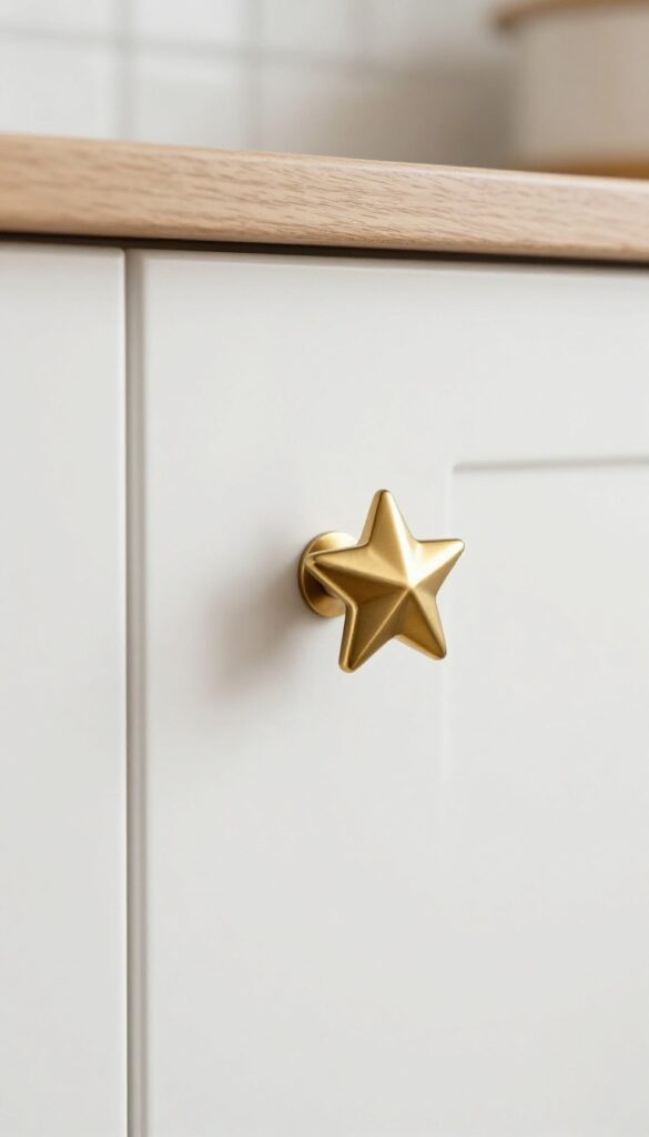 Close-up of a modern kitchen cabinet with a unique star-shaped brass knob, highlighting sculptural hardware as a statement piece.