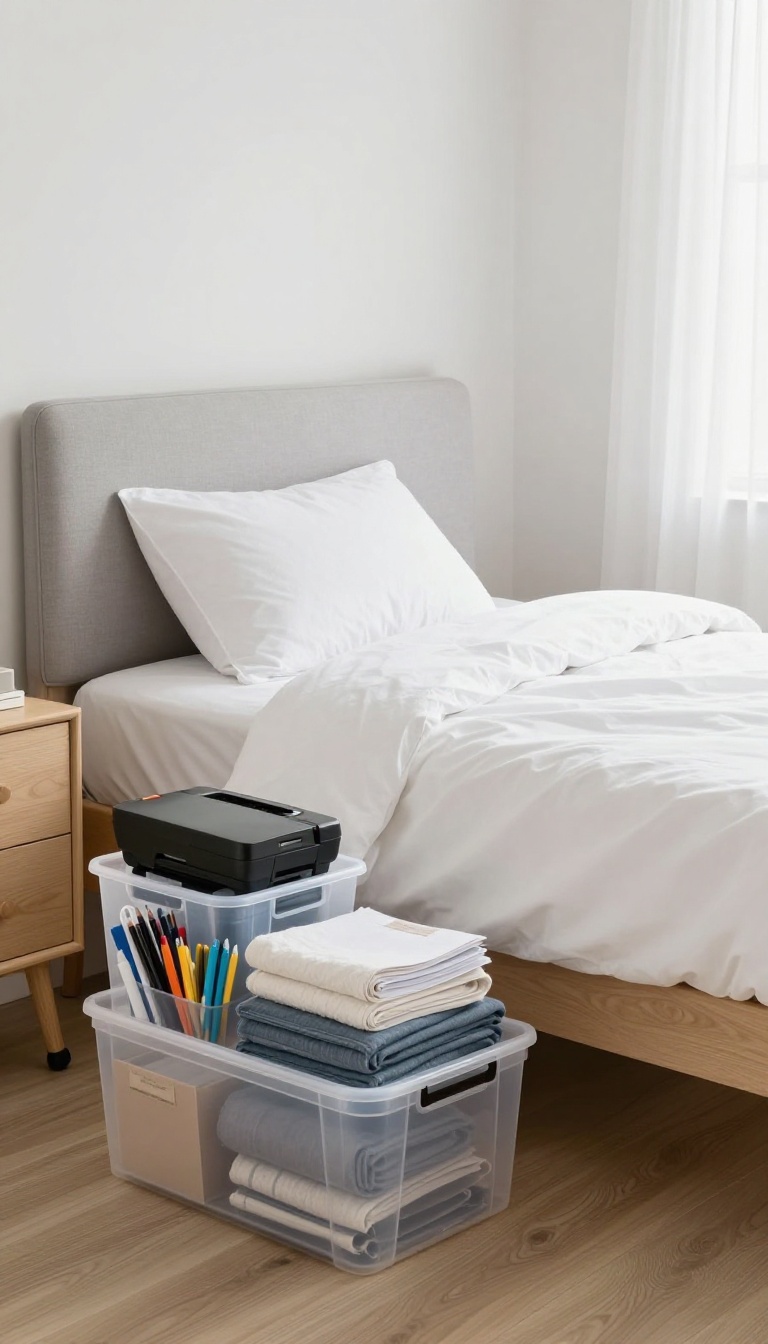Under-bed storage bins for office supplies in a small home office guest room