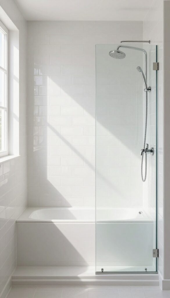 White herringbone tile shower feature wall in a bright, airy bathroom