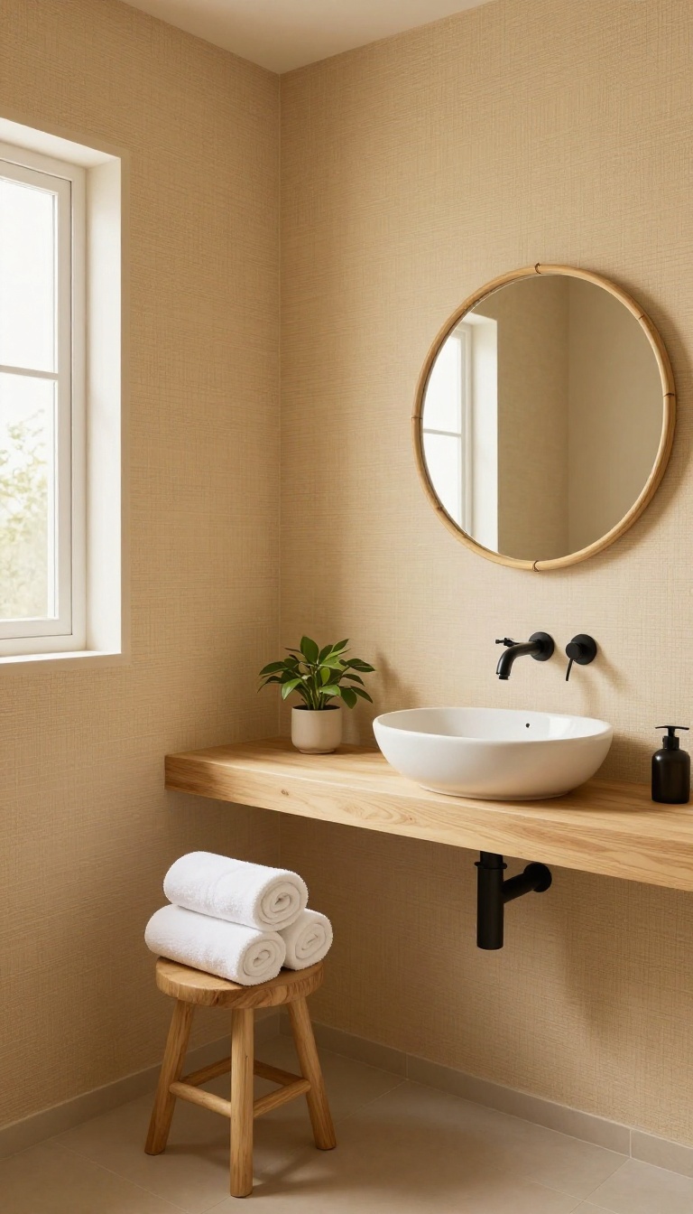 Guest bathroom with sand-colored grasscloth wallpaper, teak stool, bamboo mirror, and ceramic sink
