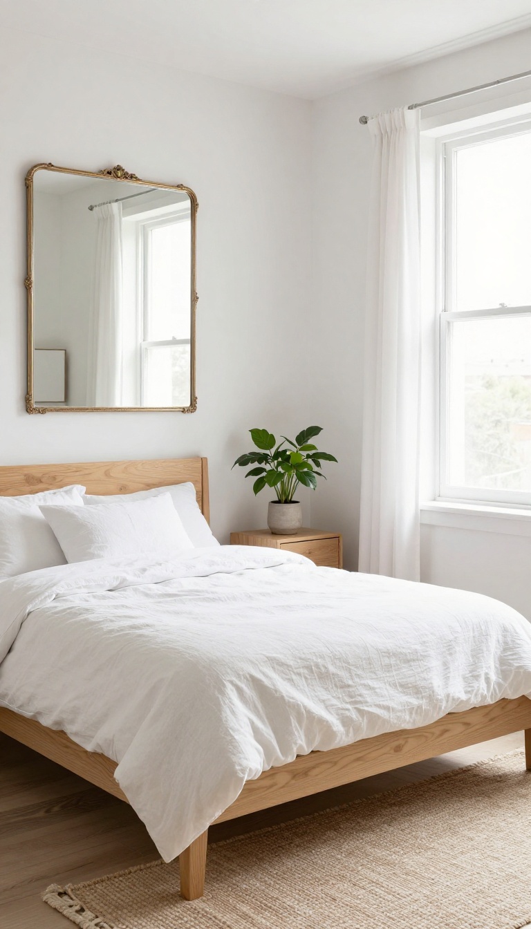 A large mirror in a small guest bedroom reflects a window, creating the illusion of more space and light.
