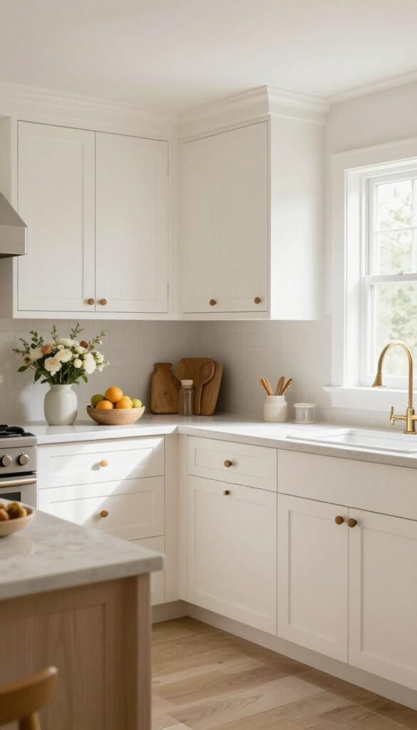 Creamy white kitchen cabinets with glazed details, adding depth and warmth to the space