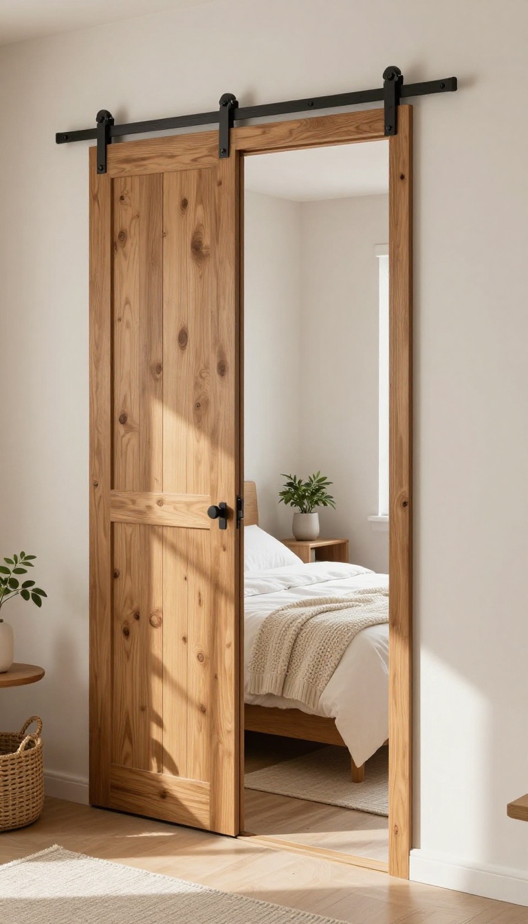 Small couple's bedroom with a sliding barn door, warm wood finish, and cozy minimalist decor.