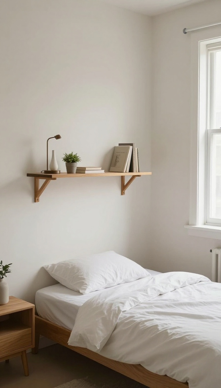 Small bedroom with floating nightstands mounted on the wall, styled with a lamp, book, and plant, in bright natural light.