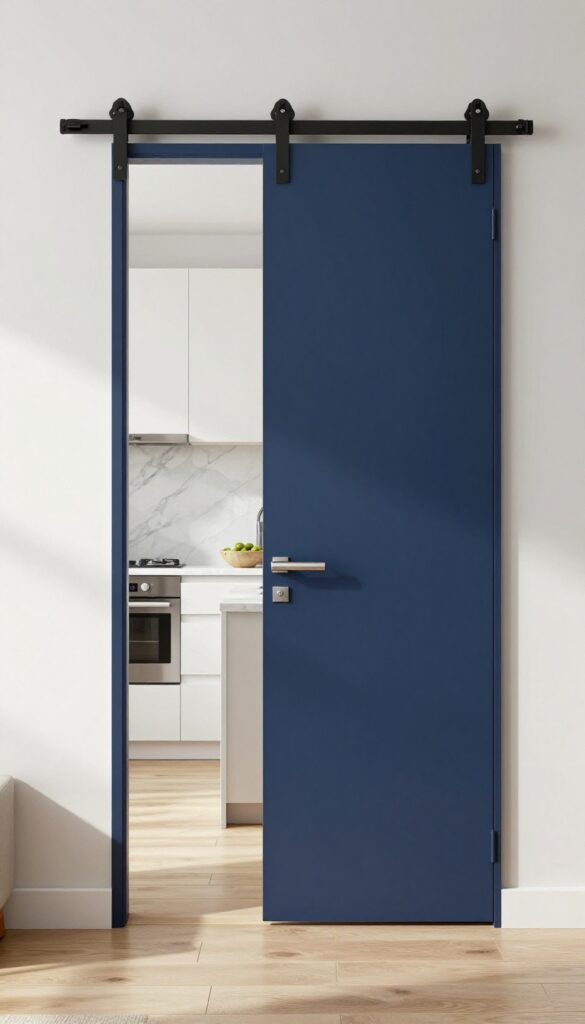 Modern kitchen with a navy blue sliding barn door and minimalist hardware, bright natural light, clean composition