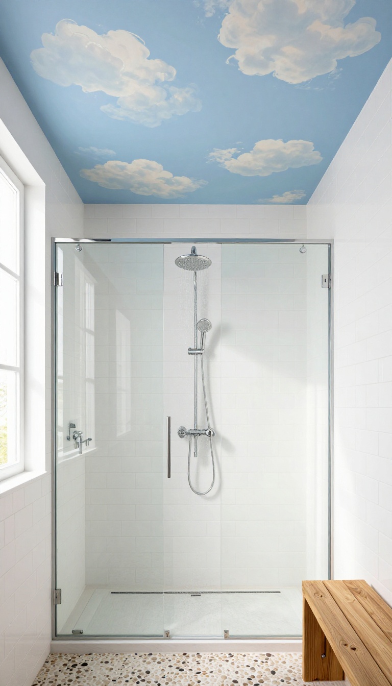 Looking up at a shower ceiling painted with a sky and clouds mural, surrounded by white tiles and a rainfall showerhead.