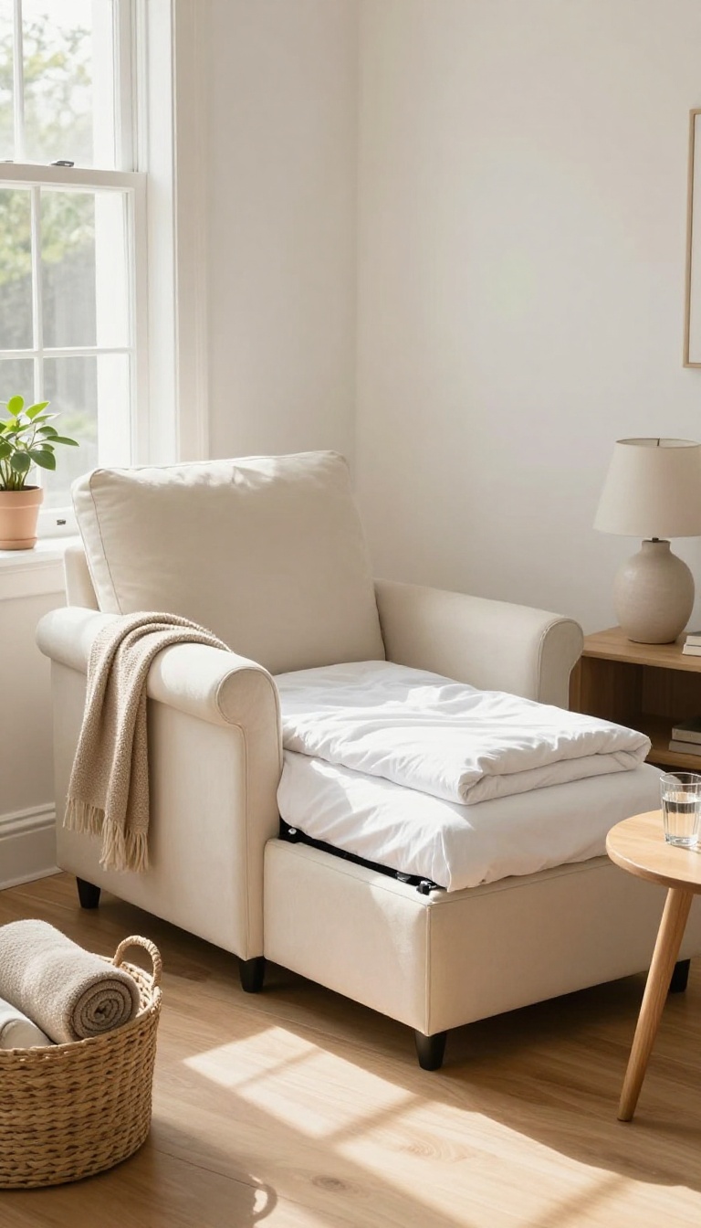 Cozy chair-and-a-half with pull-out bed in a bright reading nook, styled with side table, lamp, and basket of bedding.