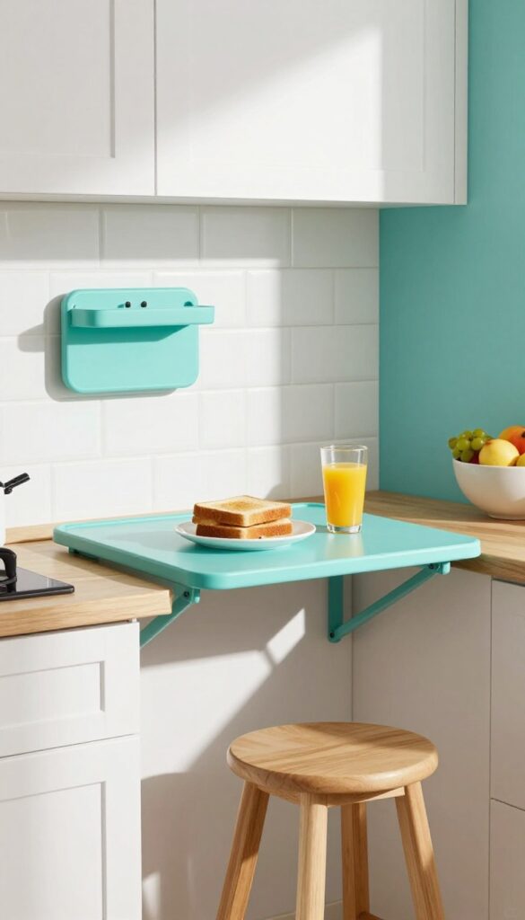 Turquoise fold-down table in a small kitchen with breakfast setting and stool