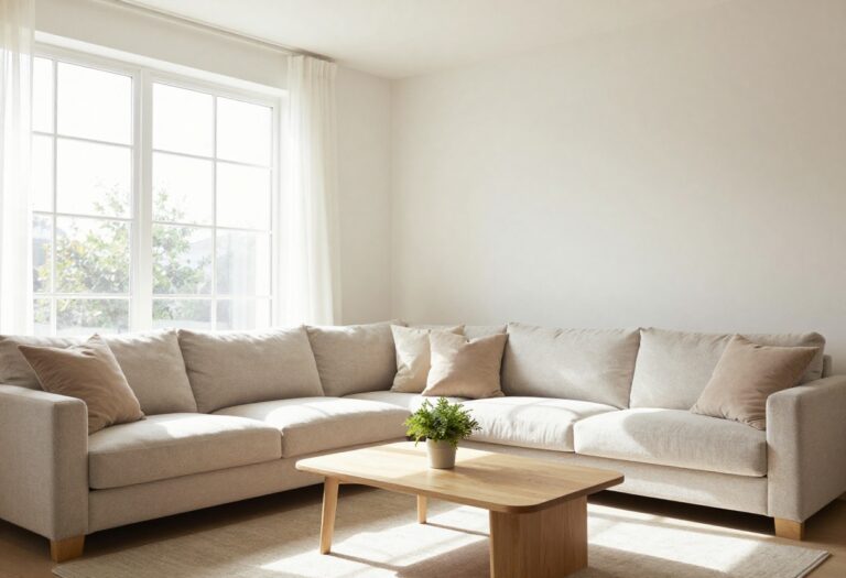 A clean and organized living room with natural light
