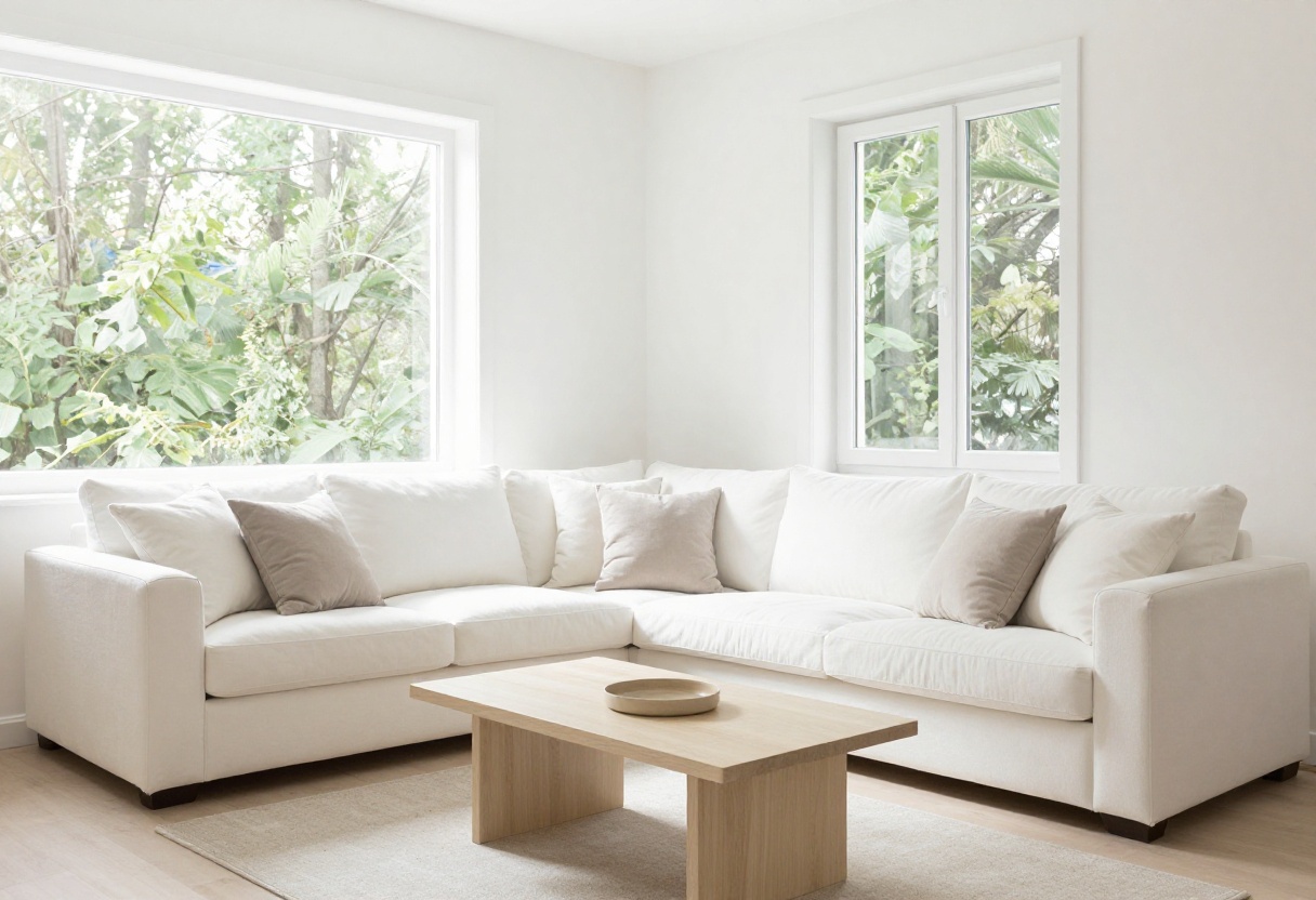 A clean and organized living room with a tidy sofa and coffee table