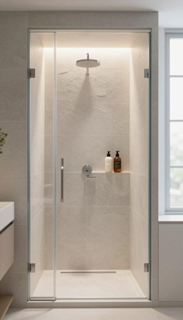Backlit shower niche glowing warmly in a modern tiled bathroom