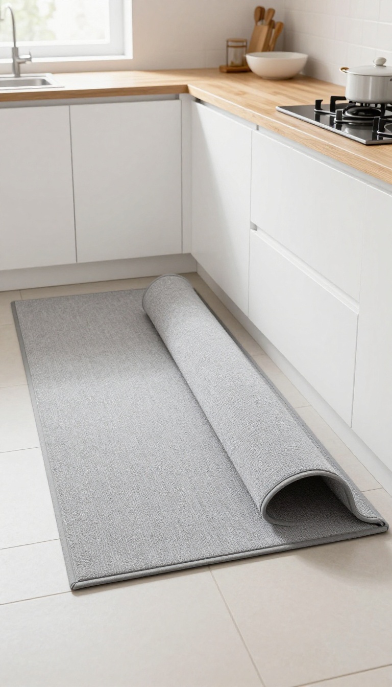 Modern kitchen with a runner rug showing its non-slip rubber backing for safety.