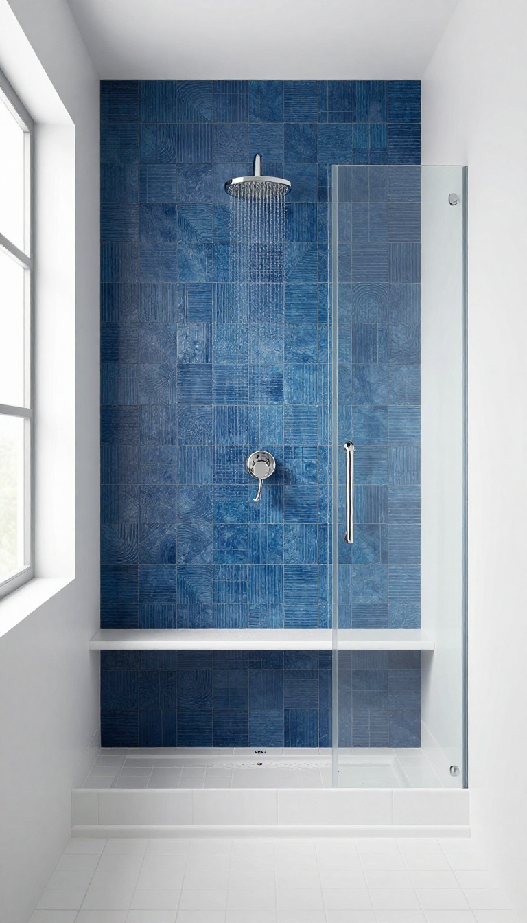 Modern walk-in shower with a deep blue-green tile accent wall and rainfall showerhead