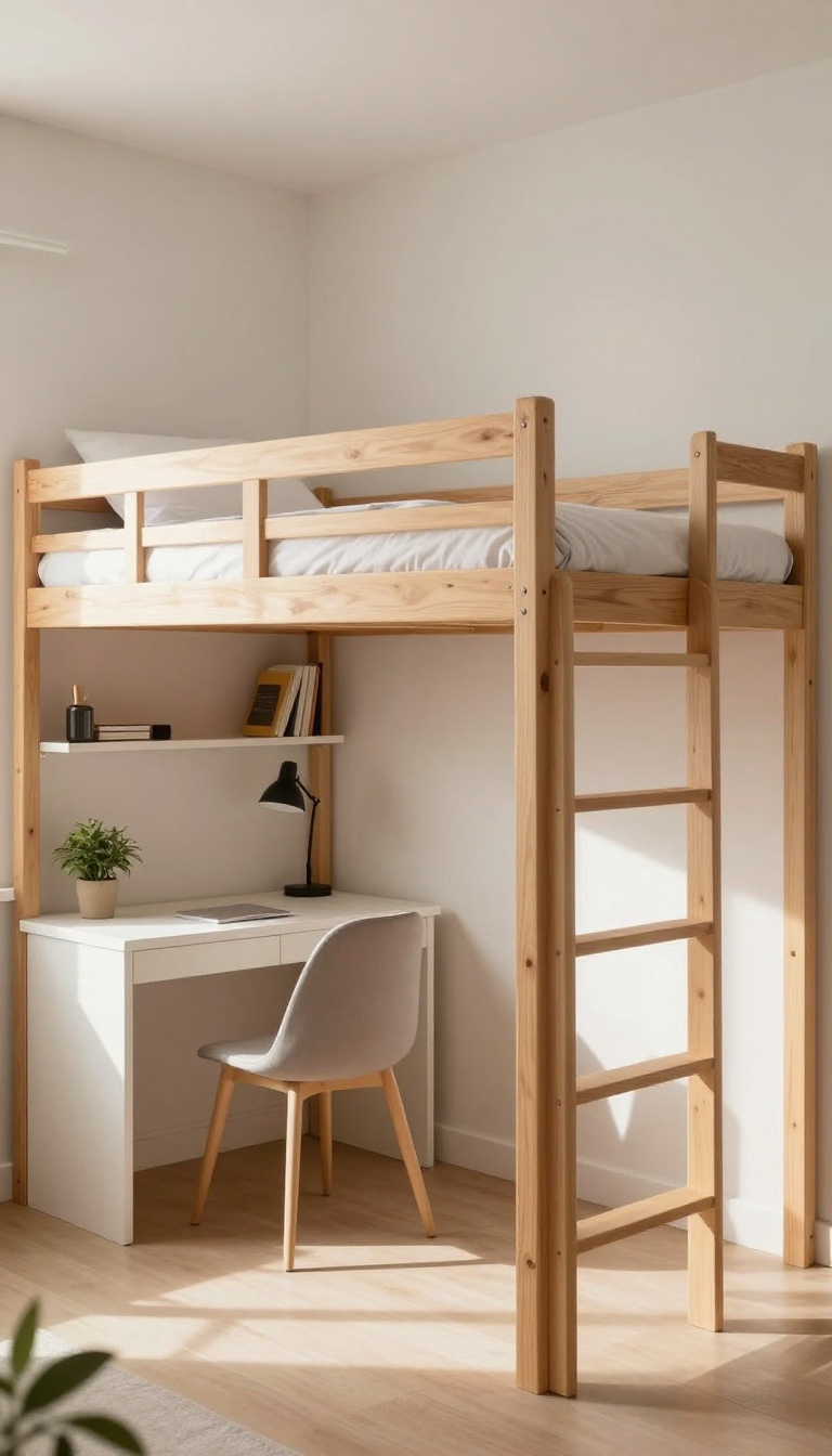 Guest room with loft bed over a desk, maximizing vertical space in a small home office setup.
