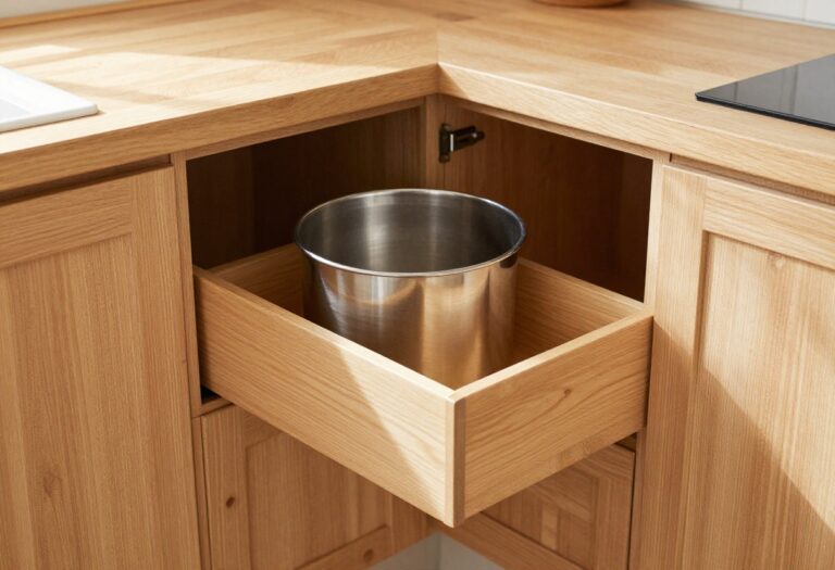 Warm kitchen with a pull-out dustbin drawer open, showcasing a stainless steel bin inside wooden cabinetry.