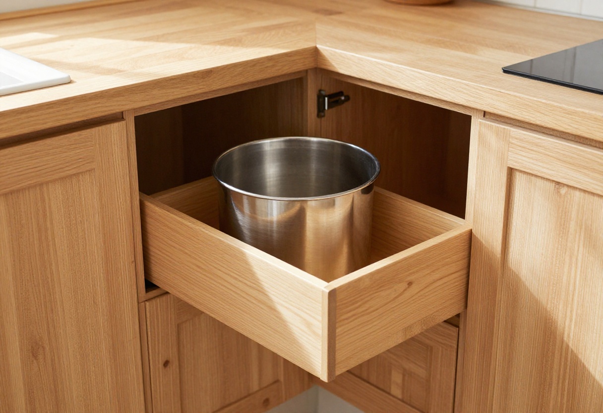 Warm kitchen with a pull-out dustbin drawer open, showcasing a stainless steel bin inside wooden cabinetry.