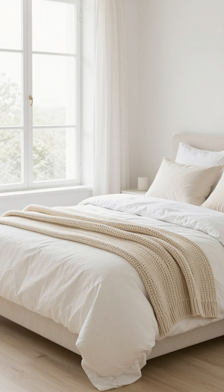 Bright guest bedroom with light-colored bedding and natural light