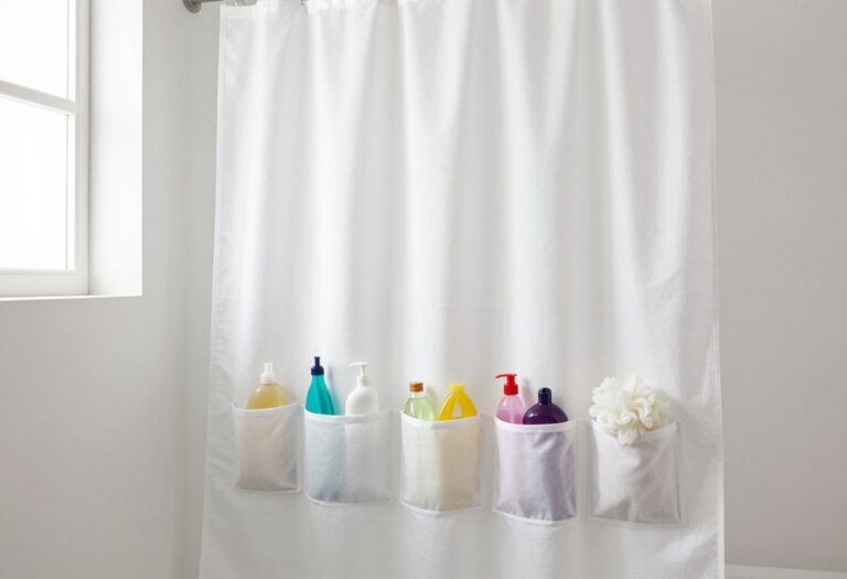 Small bathroom with a pocket shower curtain holding toiletries