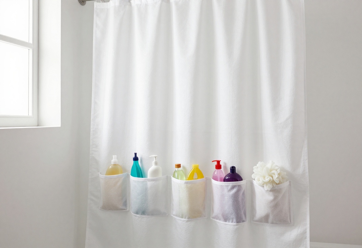 Small bathroom with a pocket shower curtain holding toiletries