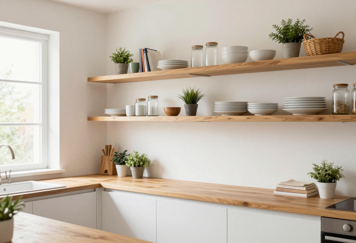 Charming kitchen with wooden floating shelves displaying dishes and plants