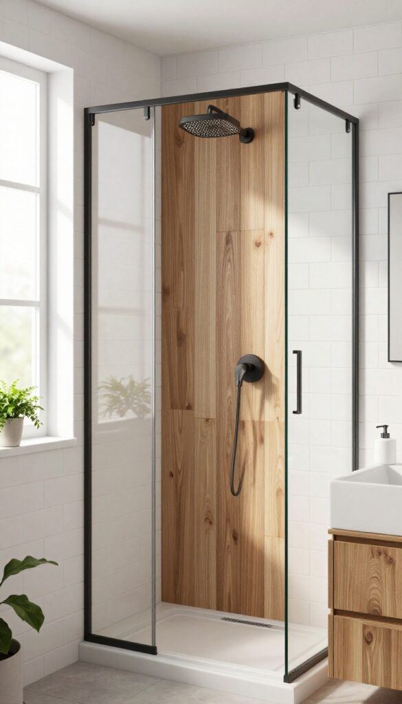 White tile shower with a wood accent wall and teak bench in a bright, airy bathroom