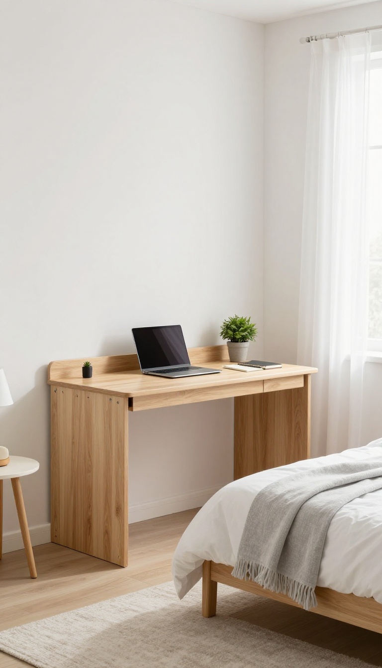 Fold-down desk in a small bedroom with a bed and natural light