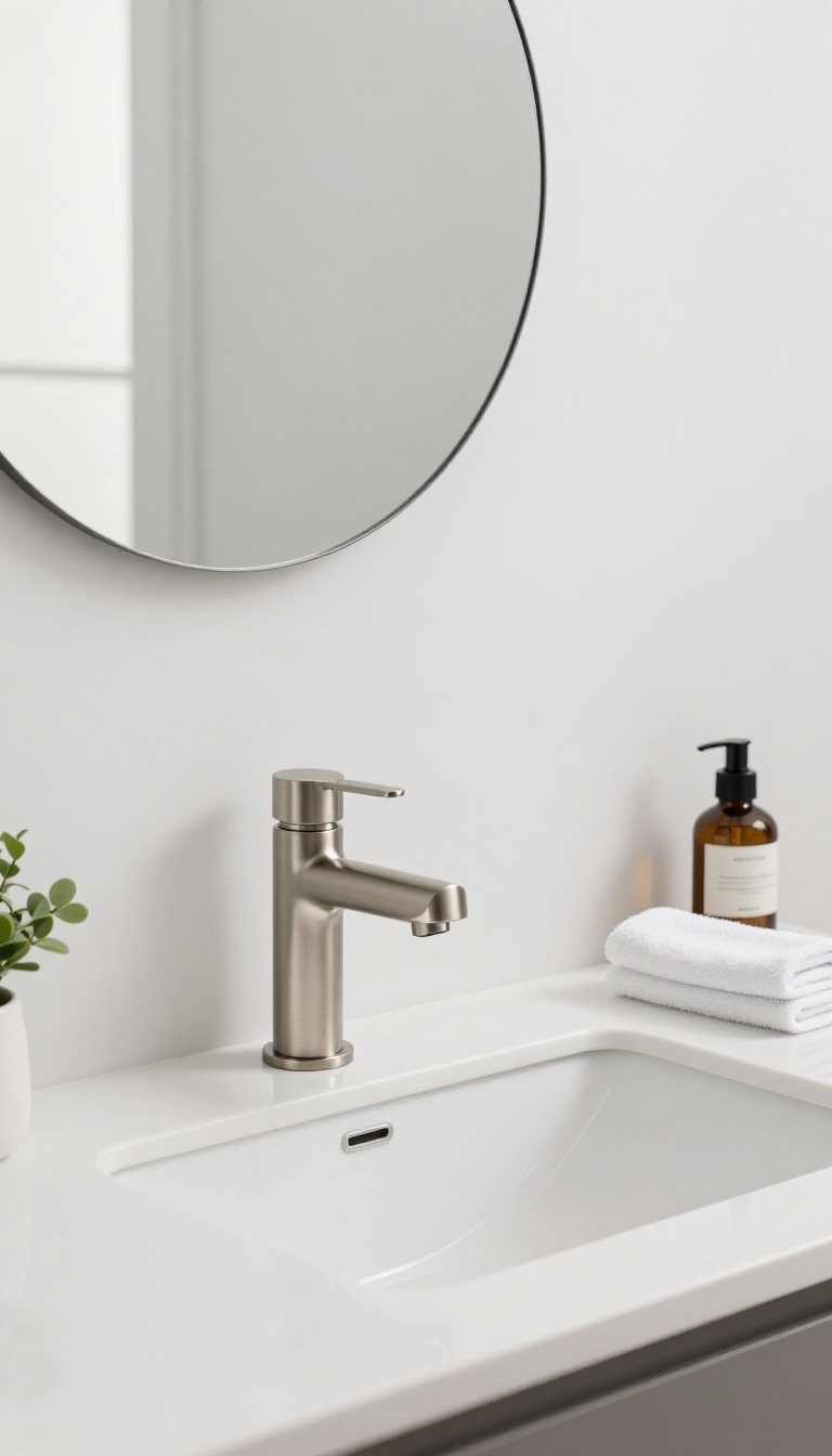 Modern guest bathroom with a touchless faucet in brushed nickel, clean white countertop, round mirror, and natural light