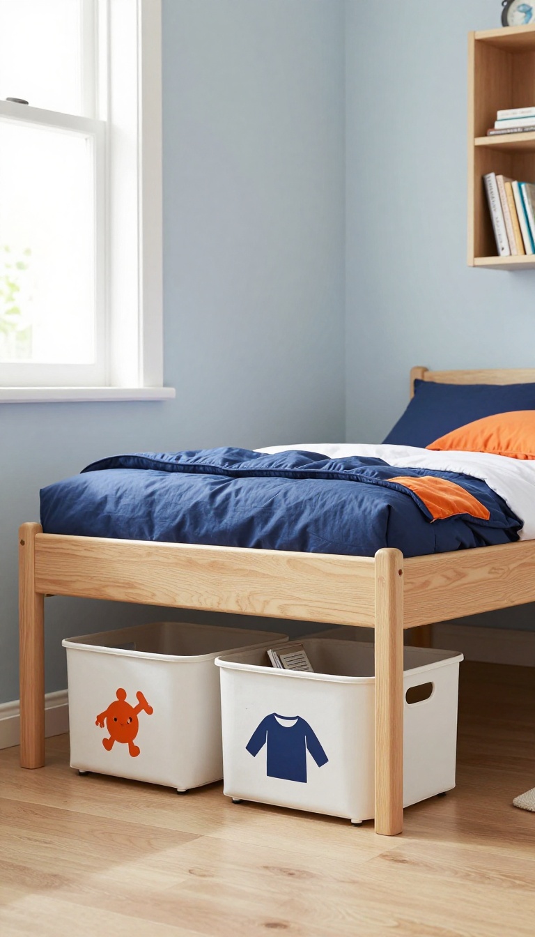 Small boy's bedroom with under-bed storage bins neatly organized, showing a tidy and functional space.