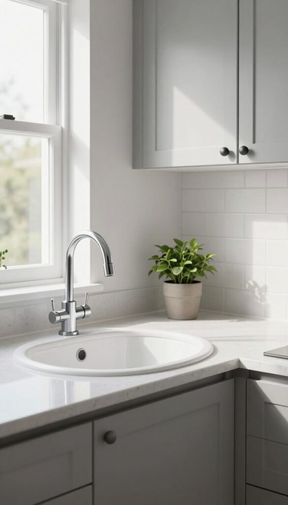 A modern kitchen corner sink with a round white basin and chrome faucet, maximizing awkward space in a bright, clean kitchen.