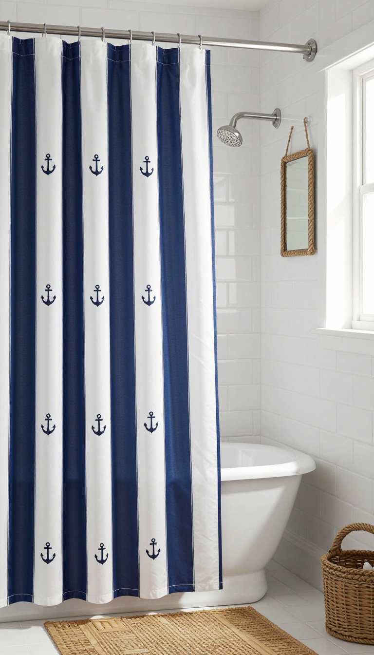 Vintage nautical striped shower curtain with anchors in a bright bathroom