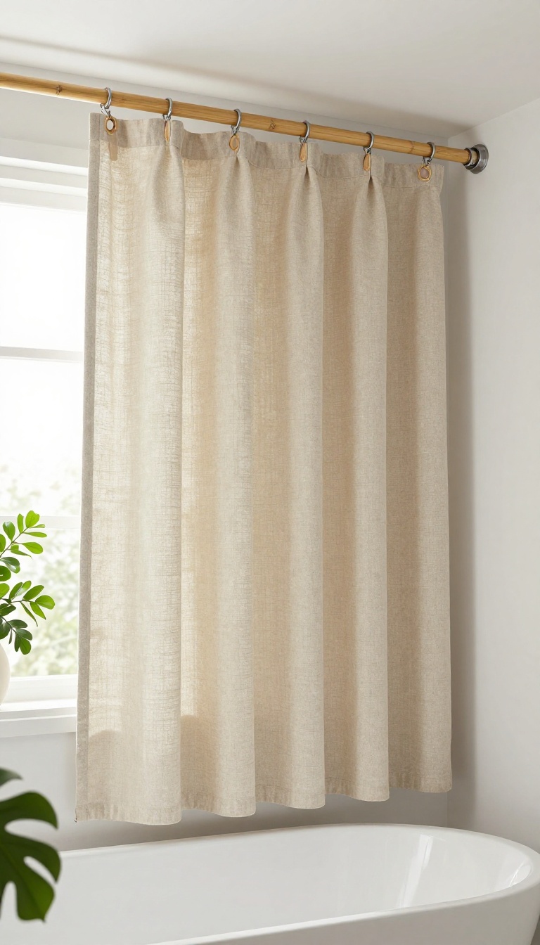 Wooden ceiling-mounted shower curtain rod with linen curtain and wooden rings in a bright bathroom